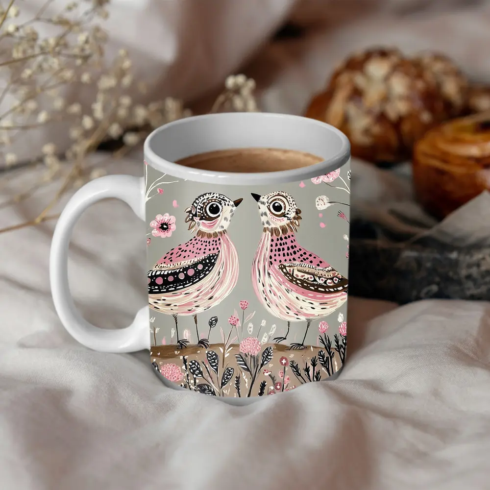Two Folk Art Birds Pink Floral Garden – Mugs