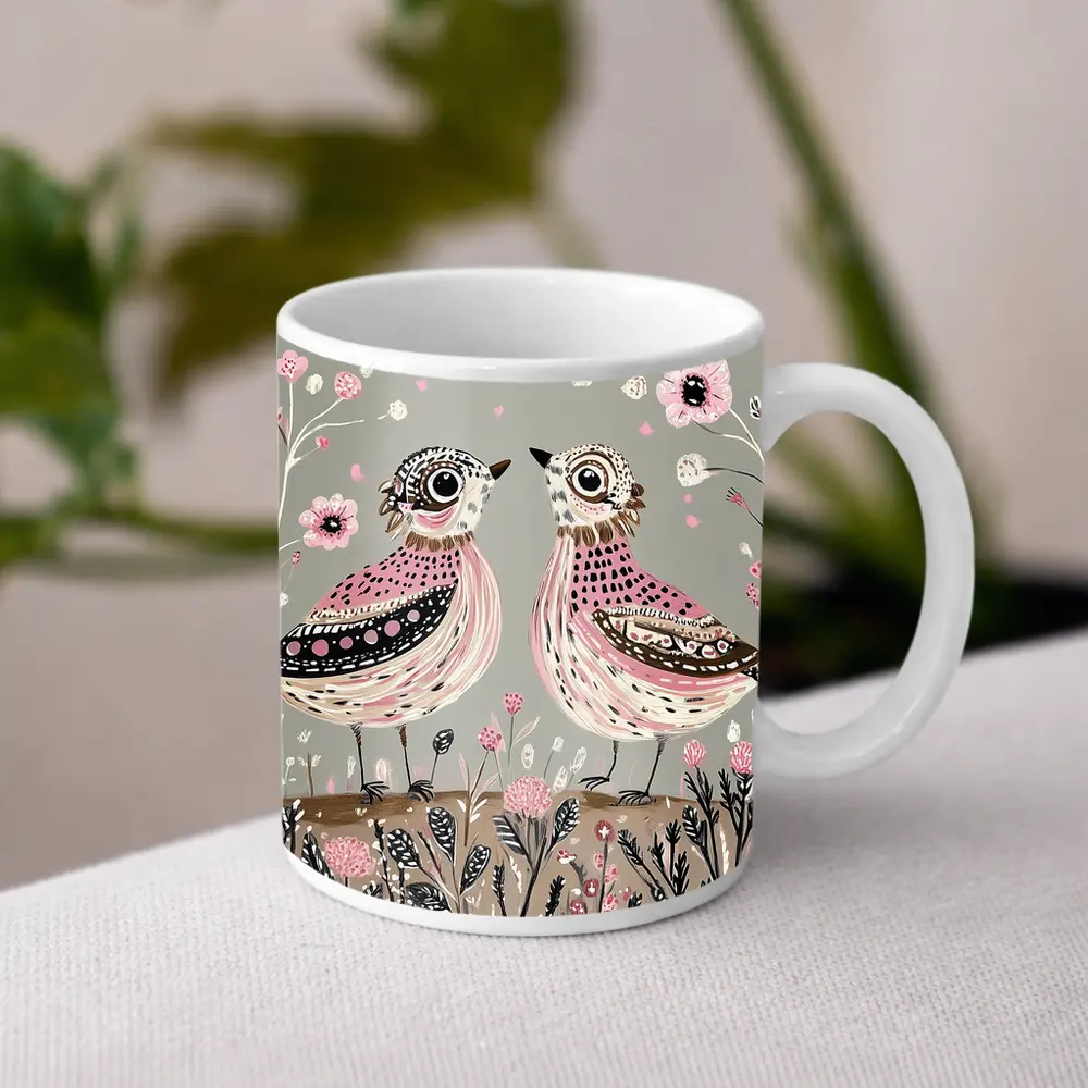 Two Folk Art Birds Pink Floral Garden – Mugs