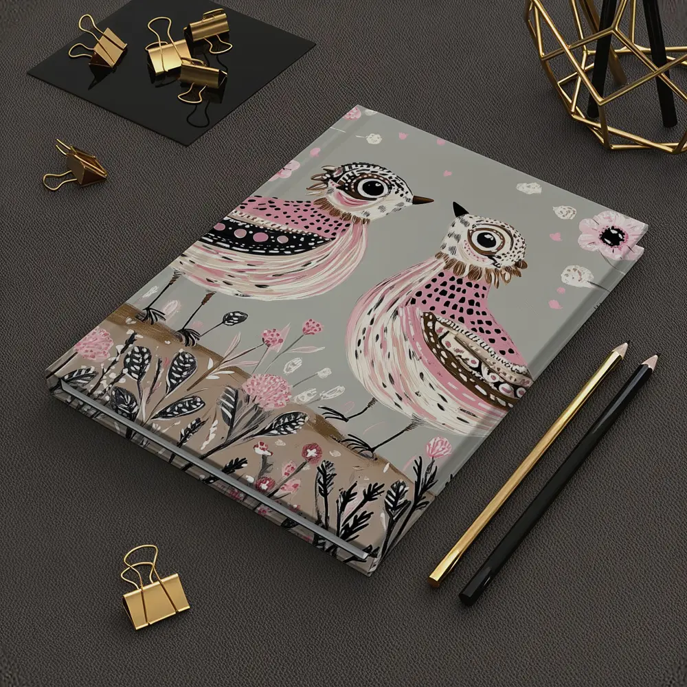 Two Folk Art Birds Pink Floral Garden – Notebooks