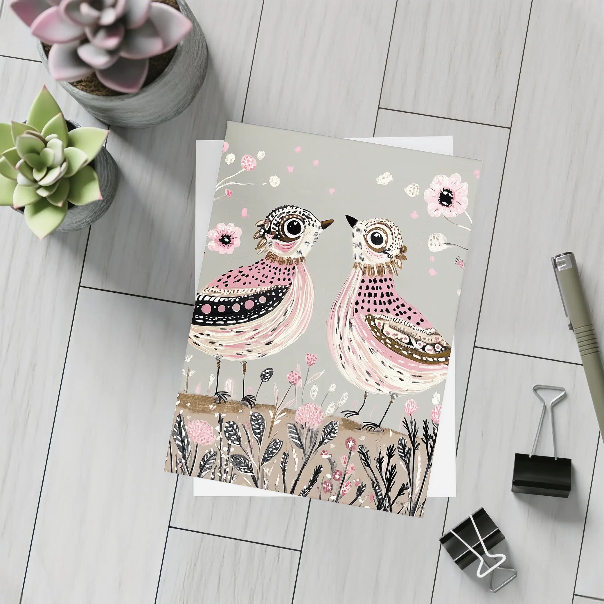 Two Folk Art Birds Pink Floral Garden – Postcards
