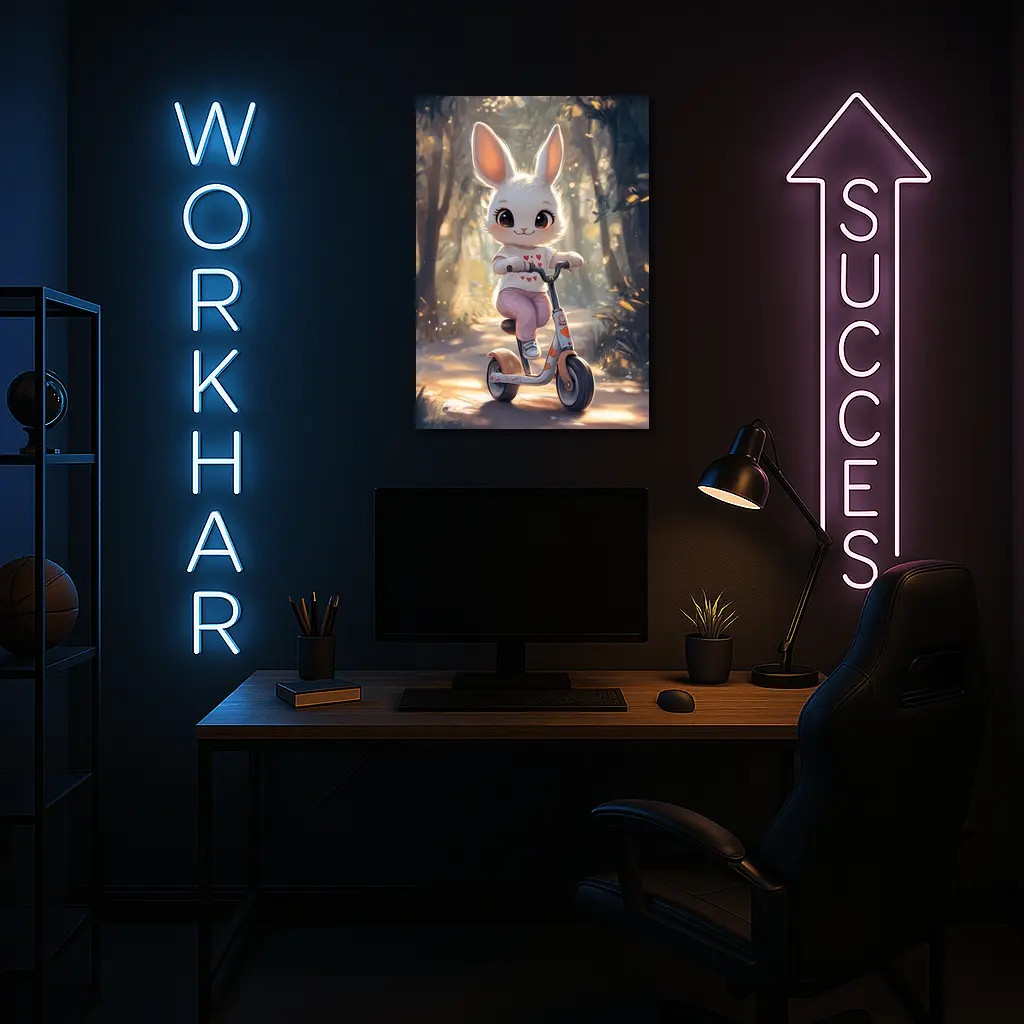 Cute Bunny Riding Scooter Forest Path – Wall Art