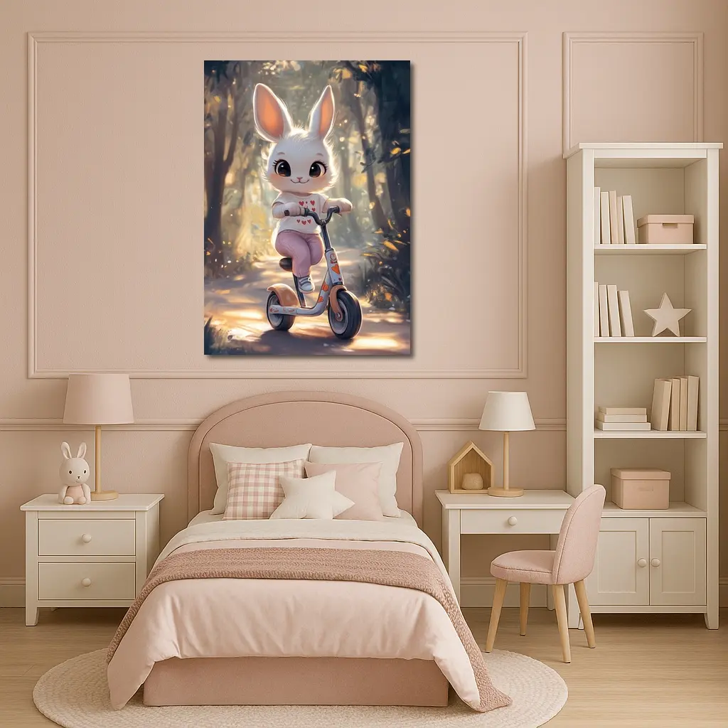 Cute Bunny Riding Scooter Forest Path – Wall Art