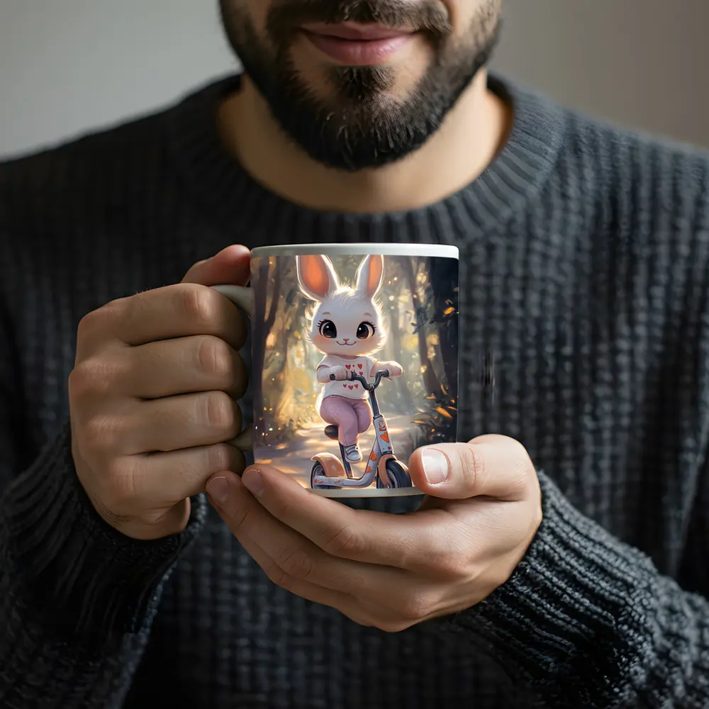 Cute Bunny Riding Scooter Forest Path – Mugs