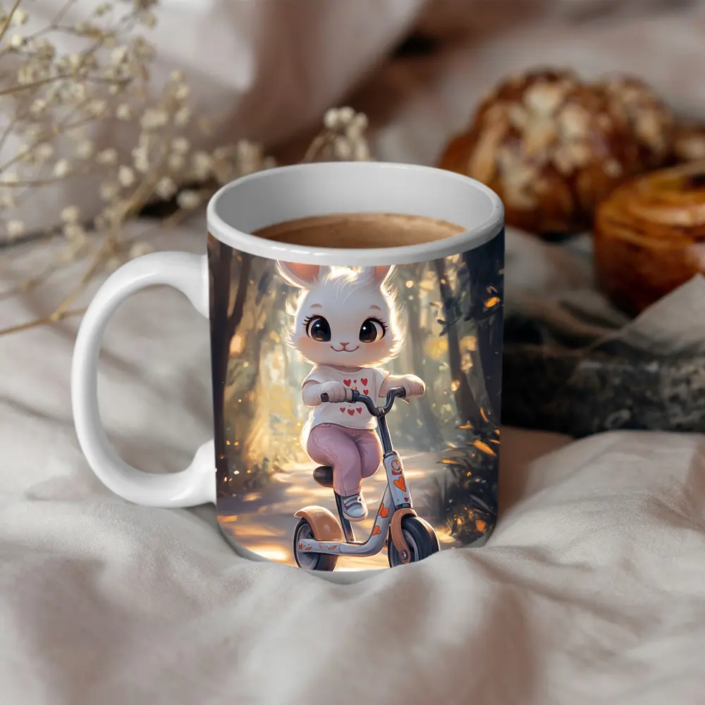 Cute Bunny Riding Scooter Forest Path – Mugs