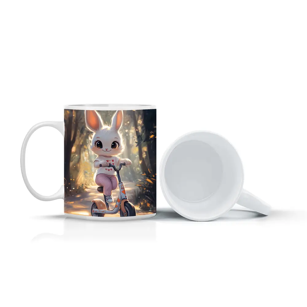 Cute Bunny Riding Scooter Forest Path – Mugs