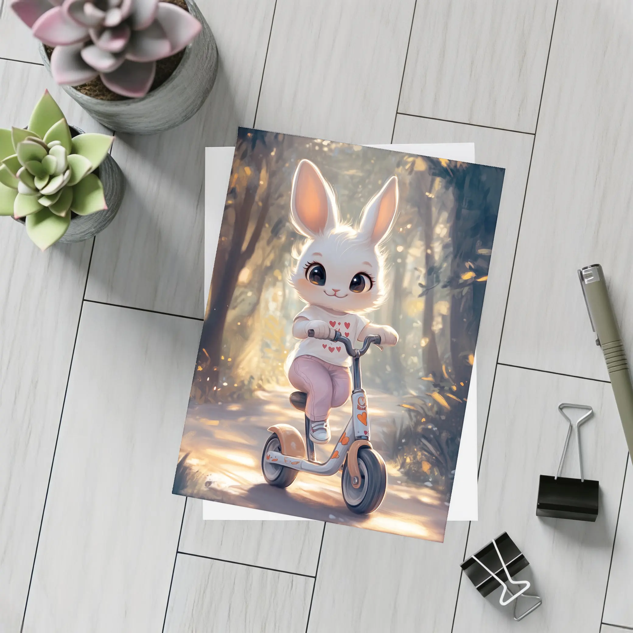 Cute Bunny Riding Scooter Forest Path – Postcards