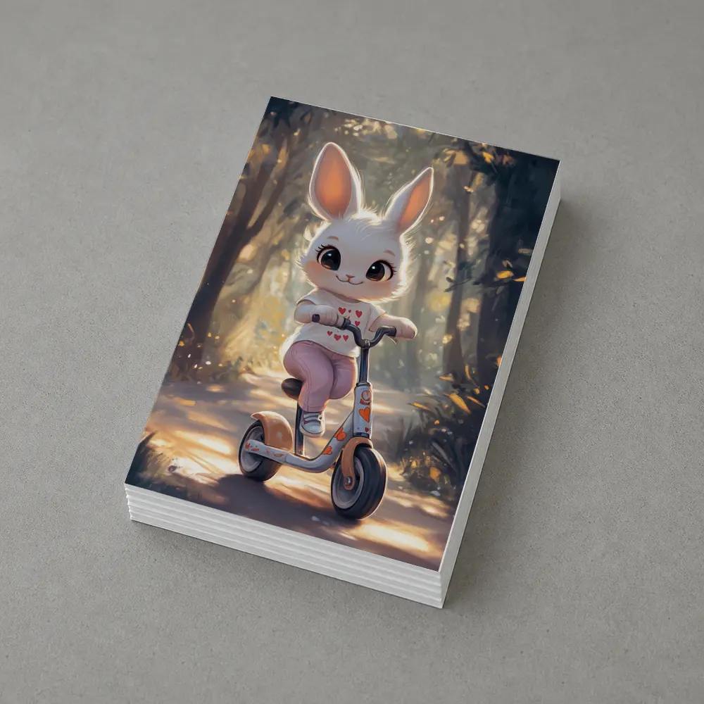 Cute Bunny Riding Scooter Forest Path – Postcards