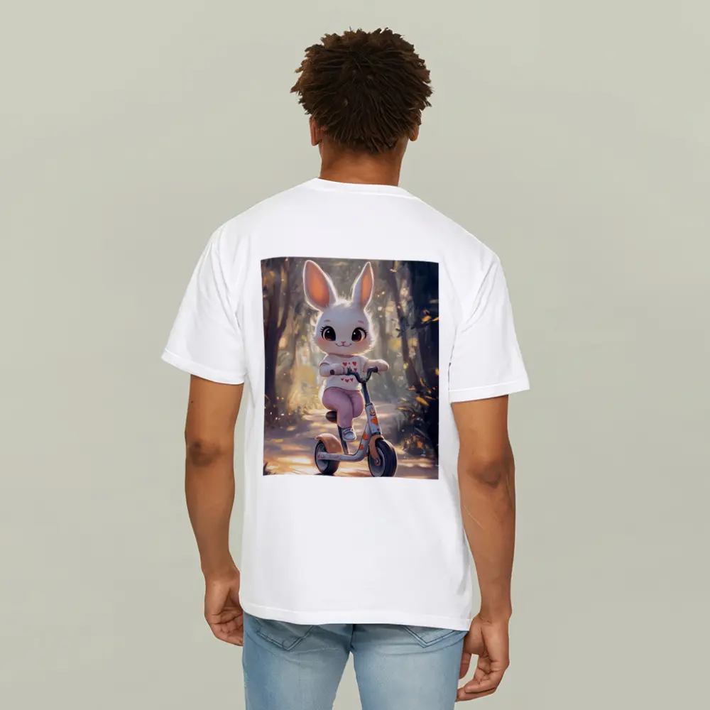 Cute Bunny Riding Scooter Forest Path – T-Shirts
