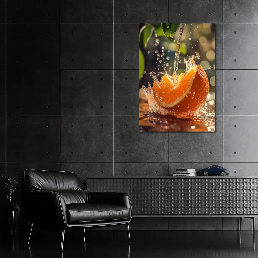 Fresh Orange Slice Water Splash Green Leaves – Wall Art