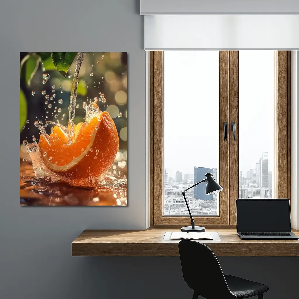 Fresh Orange Slice Water Splash Green Leaves – Wall Art