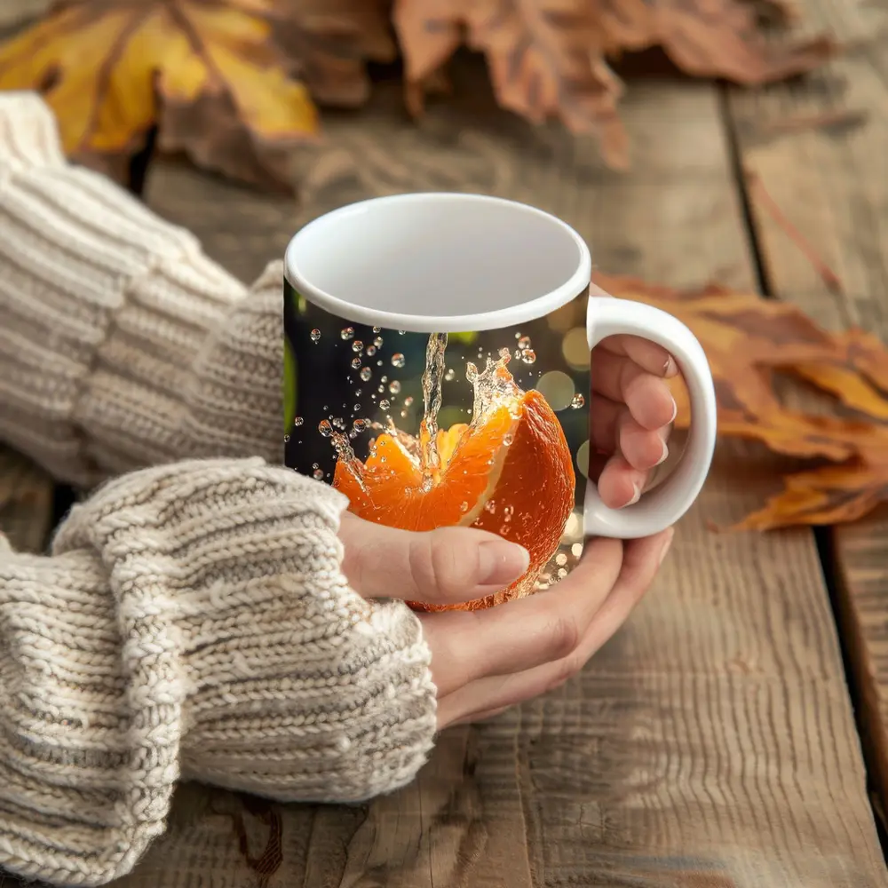 Fresh Orange Slice Water Splash Green Leaves – Mugs