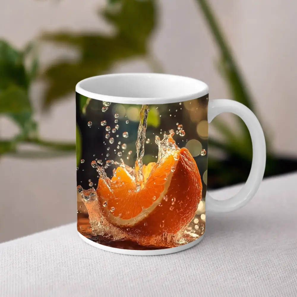 Fresh Orange Slice Water Splash Green Leaves – Mugs