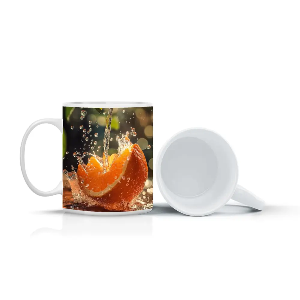 Fresh Orange Slice Water Splash Green Leaves – Mugs