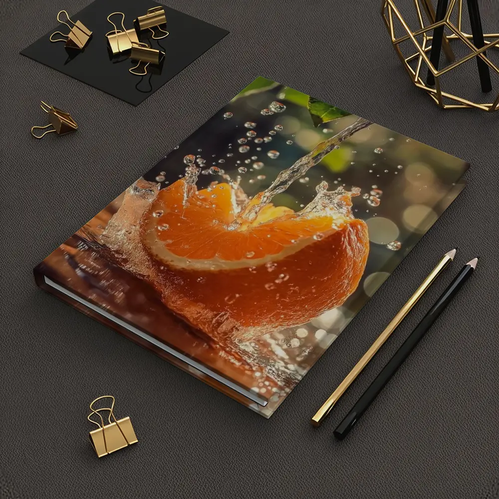 Fresh Orange Slice Water Splash Green Leaves – Notebooks