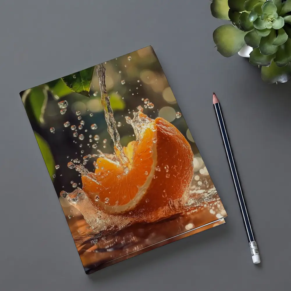 Fresh Orange Slice Water Splash Green Leaves – Notebooks