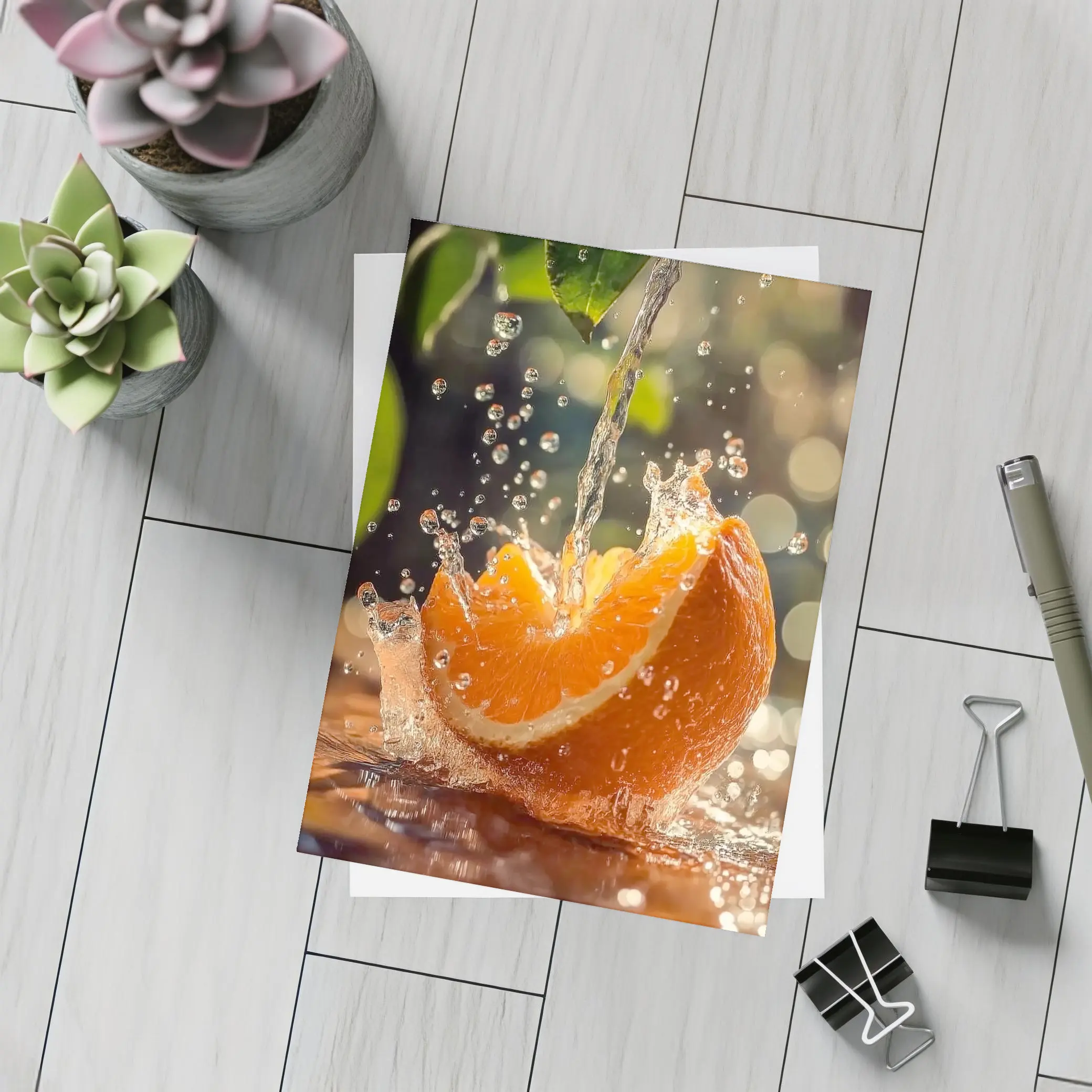 Fresh Orange Slice Water Splash Green Leaves – Postcards