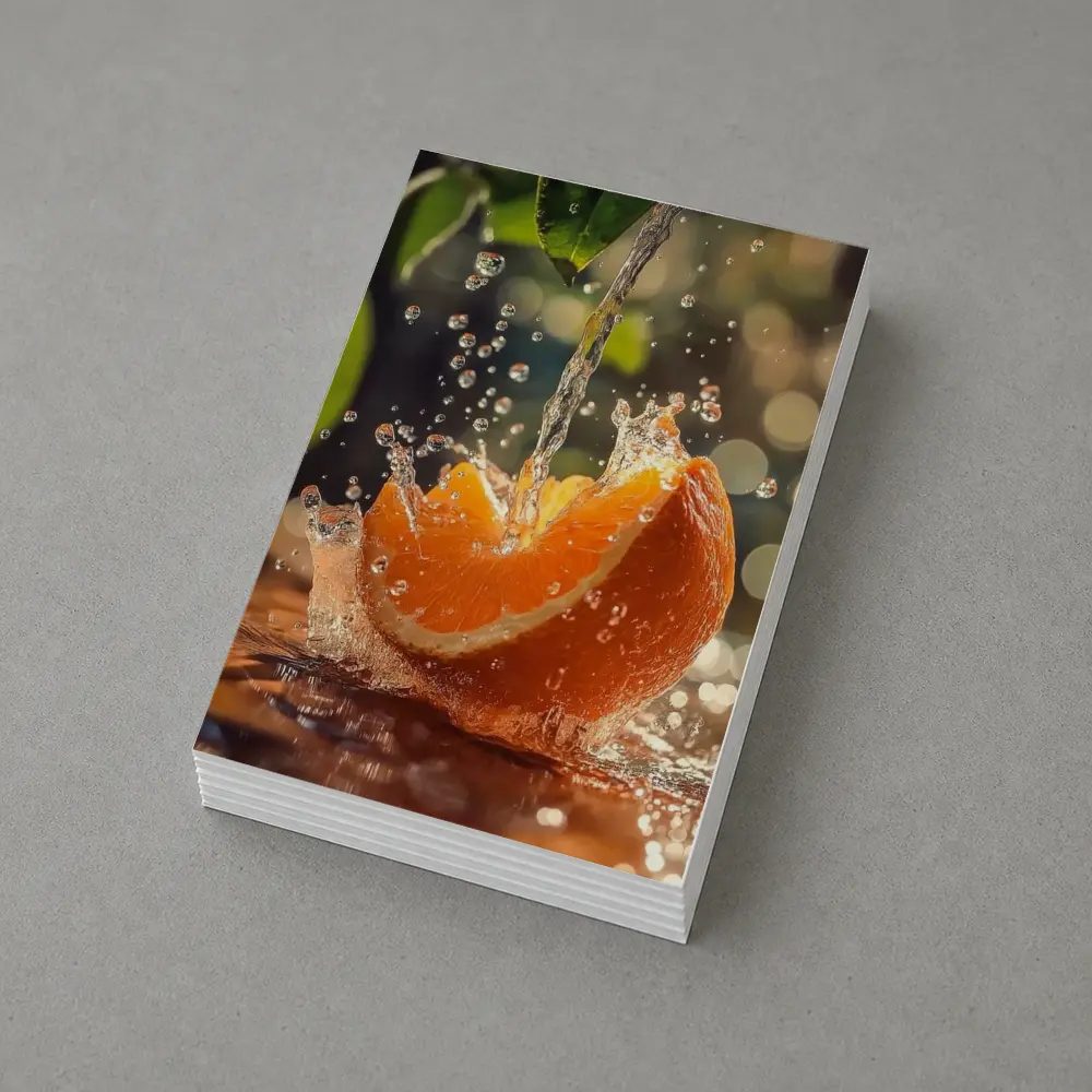 Fresh Orange Slice Water Splash Green Leaves – Postcards