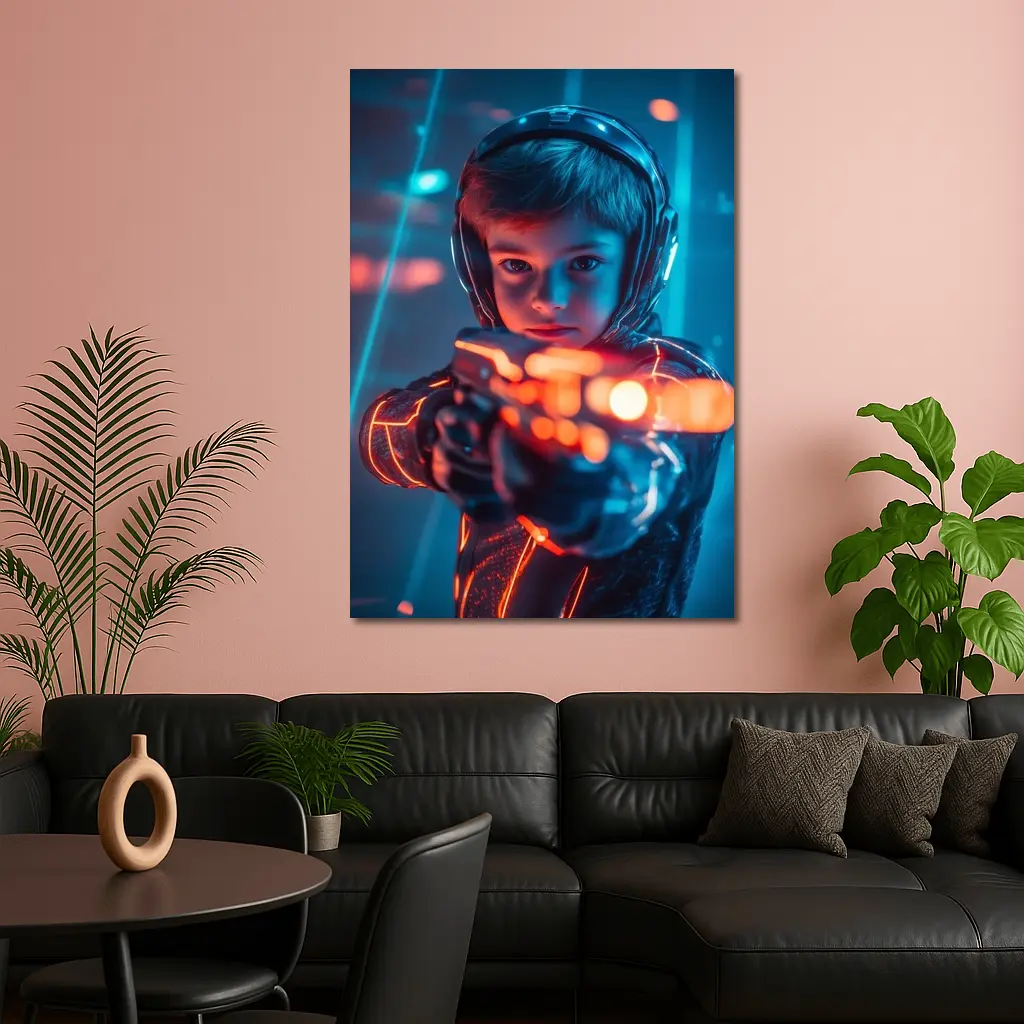 Boy with Neon Laser Gun Cyberpunk Style – Wall Art