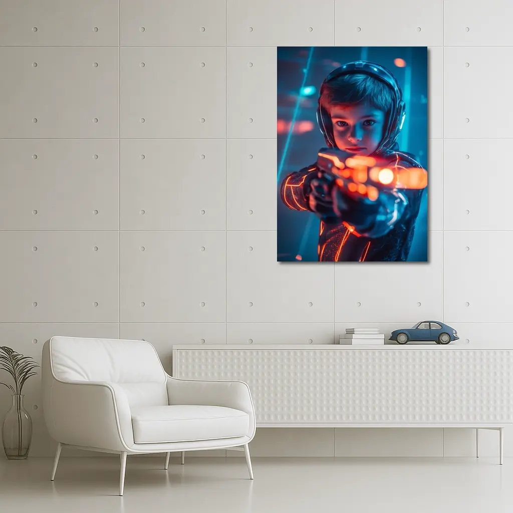 Boy with Neon Laser Gun Cyberpunk Style – Wall Art