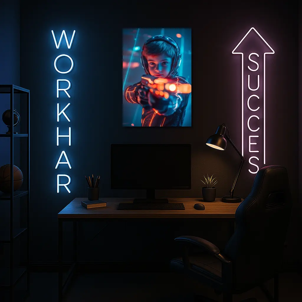 Boy with Neon Laser Gun Cyberpunk Style – Wall Art