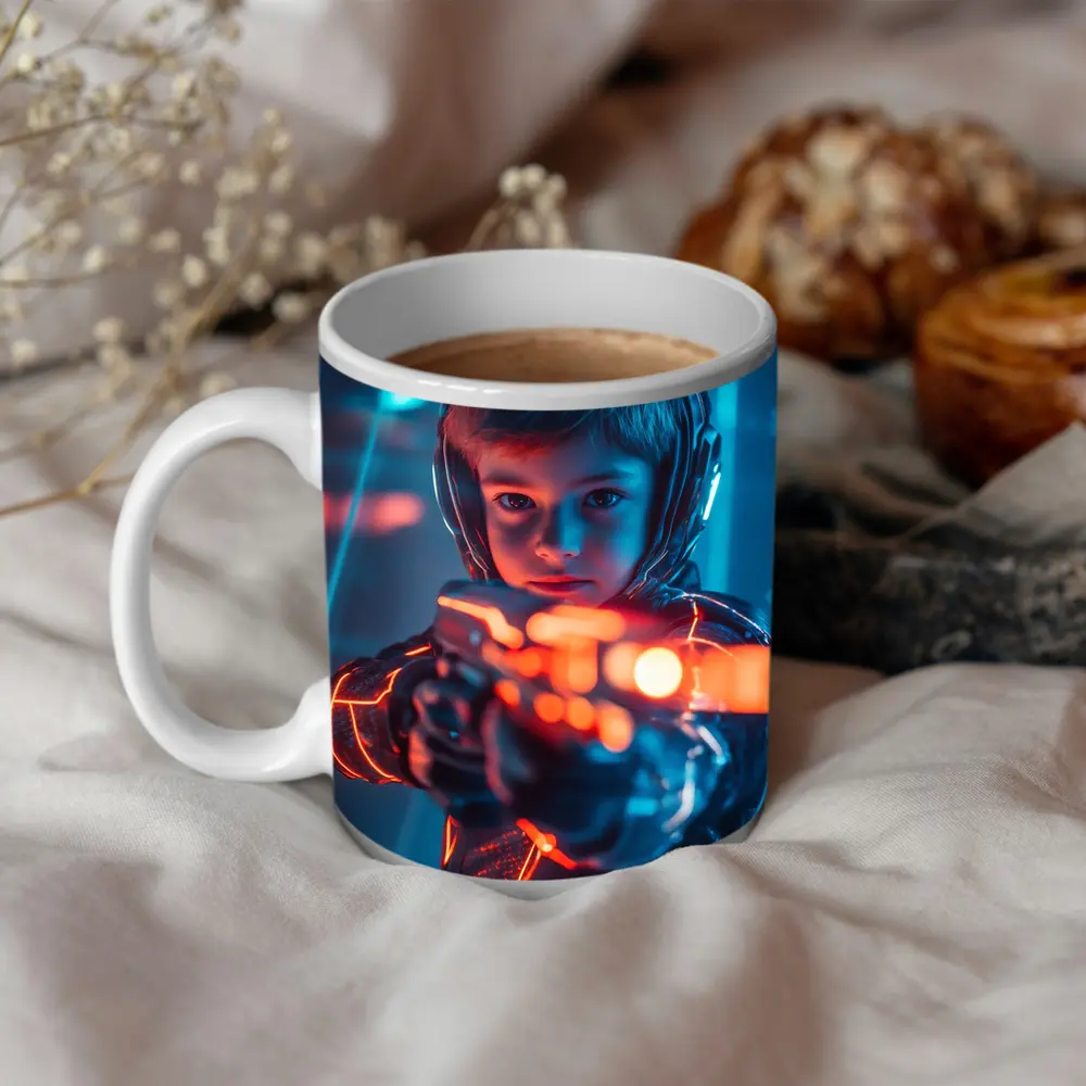 Boy with Neon Laser Gun Cyberpunk Style – Mugs