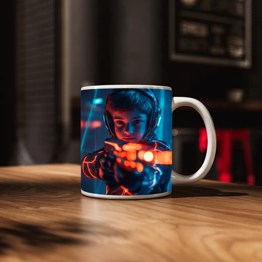 Boy with Neon Laser Gun Cyberpunk Style – Mugs