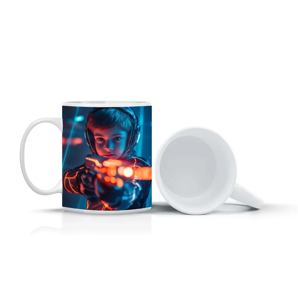 Boy with Neon Laser Gun Cyberpunk Style – Mugs