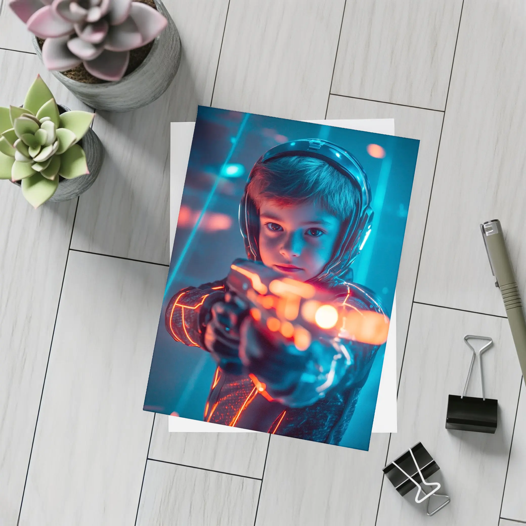 Boy with Neon Laser Gun Cyberpunk Style – Postcards