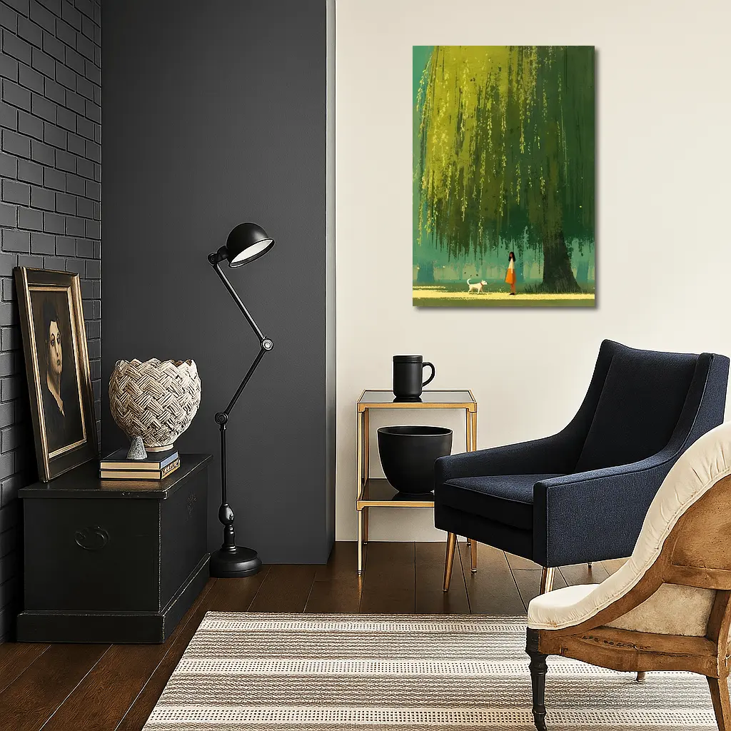 Woman With Dog Under Weeping Willow Tree – Wall Art