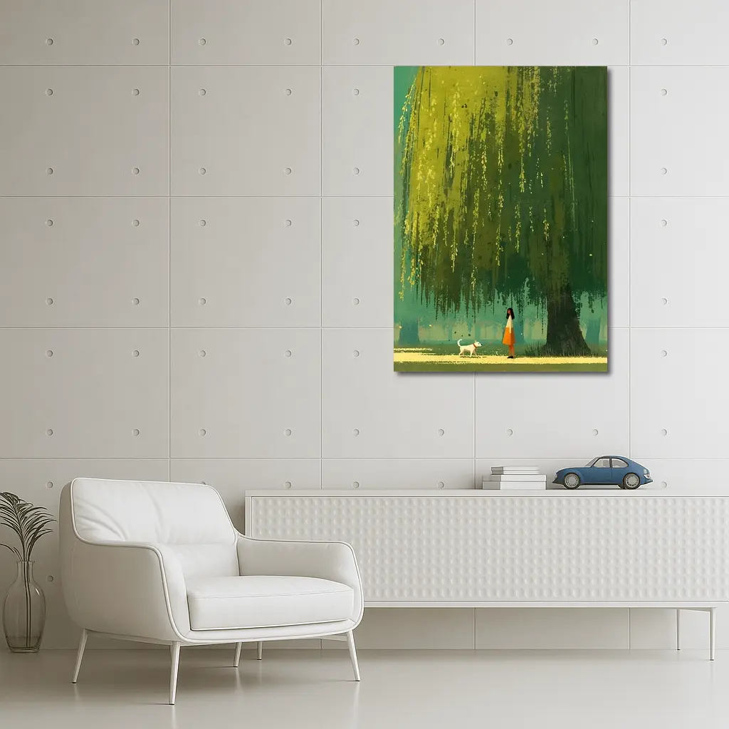 Woman With Dog Under Weeping Willow Tree – Wall Art