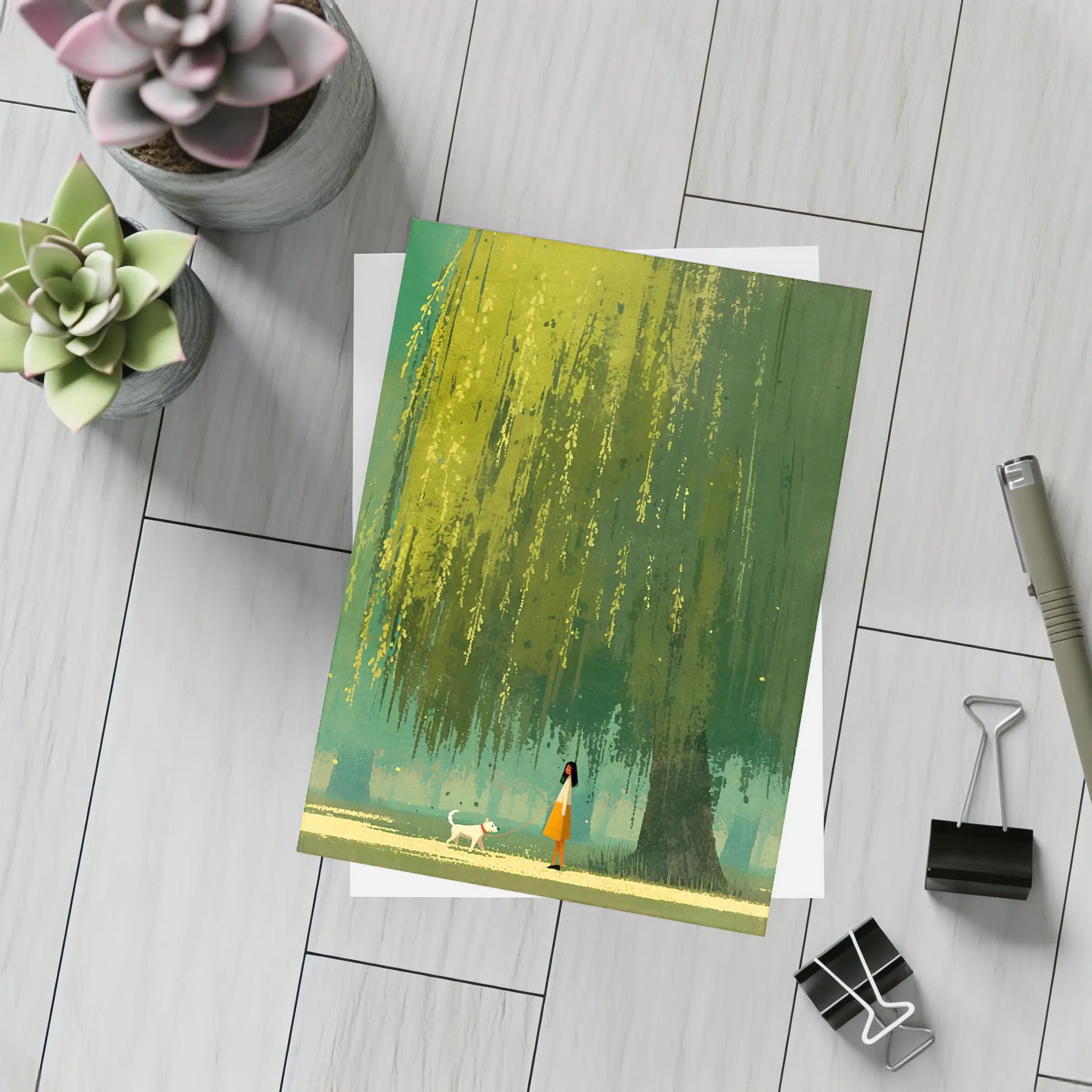 Woman With Dog Under Weeping Willow Tree – Postcards