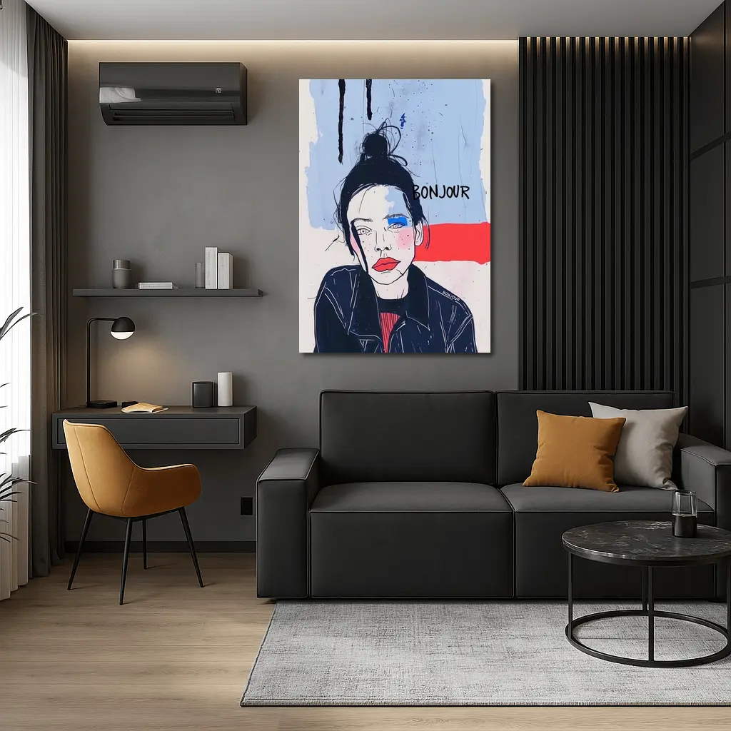 Bonjour French Girl Portrait Blue Red – Wall Art