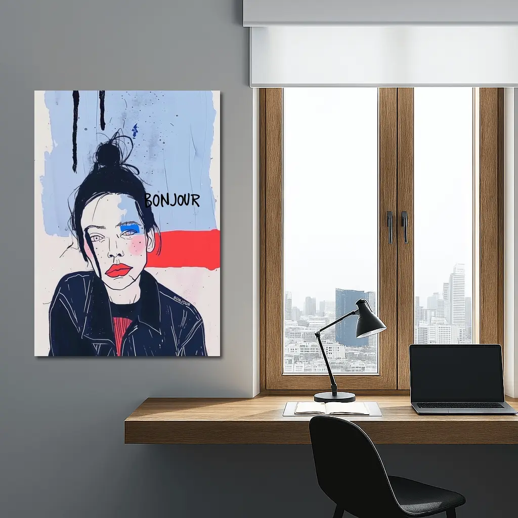 Bonjour French Girl Portrait Blue Red – Wall Art