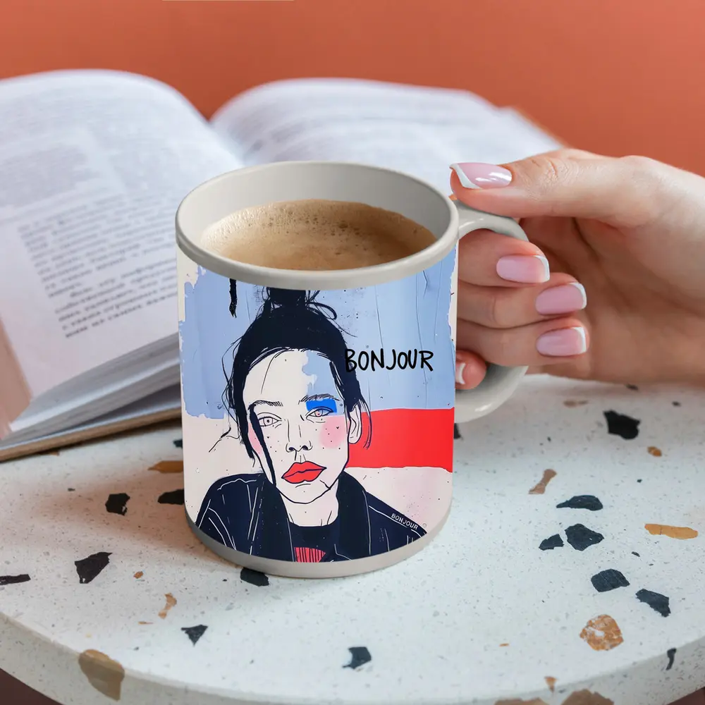 Bonjour French Girl Portrait Blue Red – Mugs