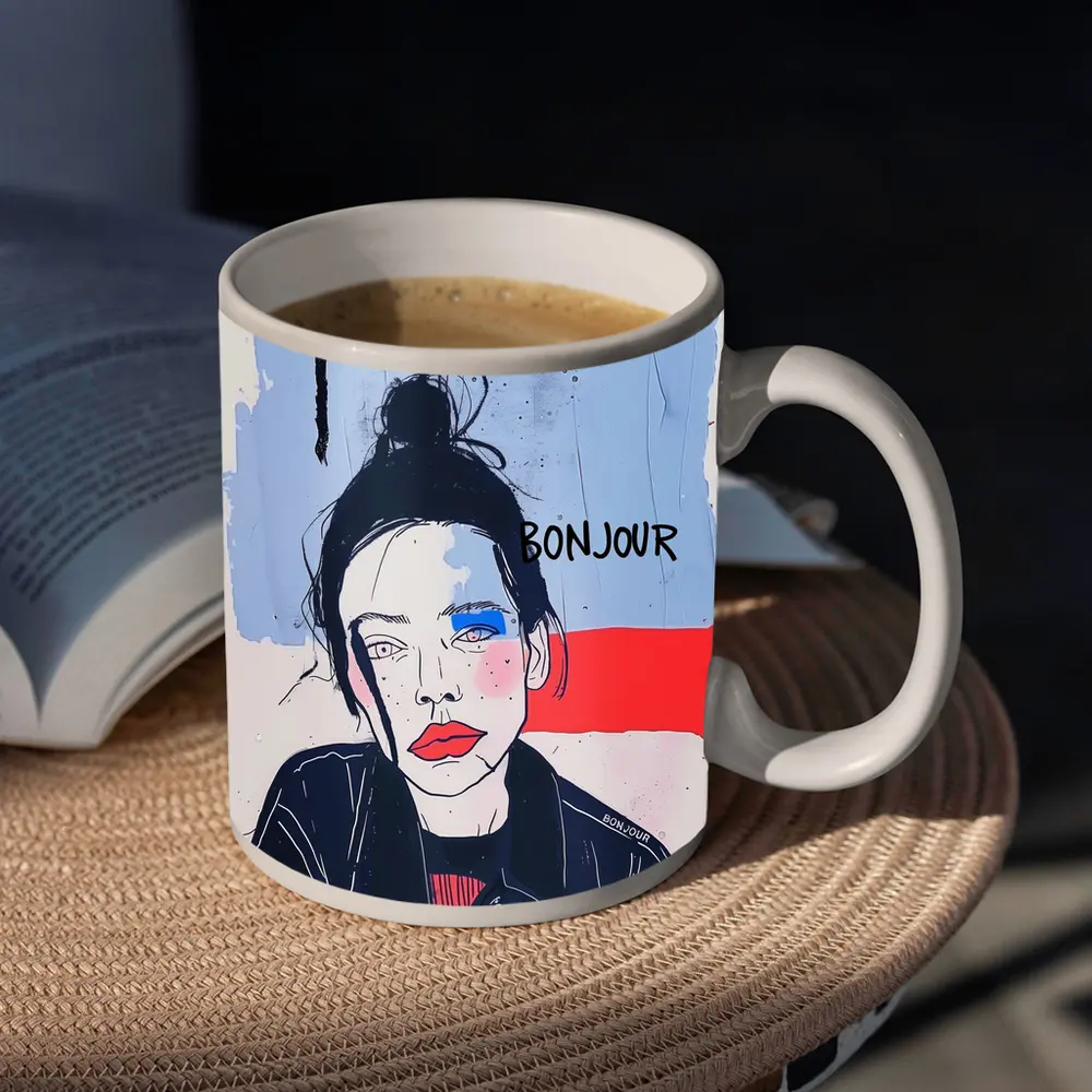 Bonjour French Girl Portrait Blue Red – Mugs