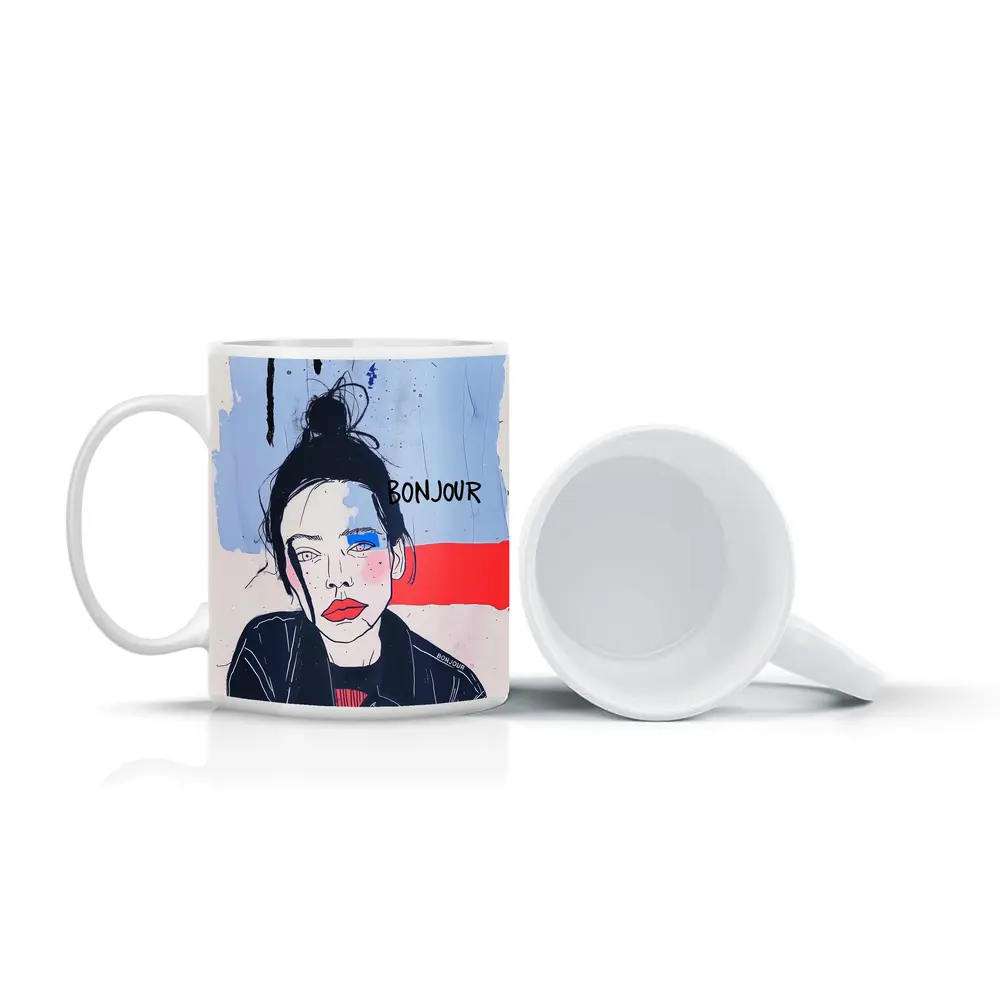 Bonjour French Girl Portrait Blue Red – Mugs