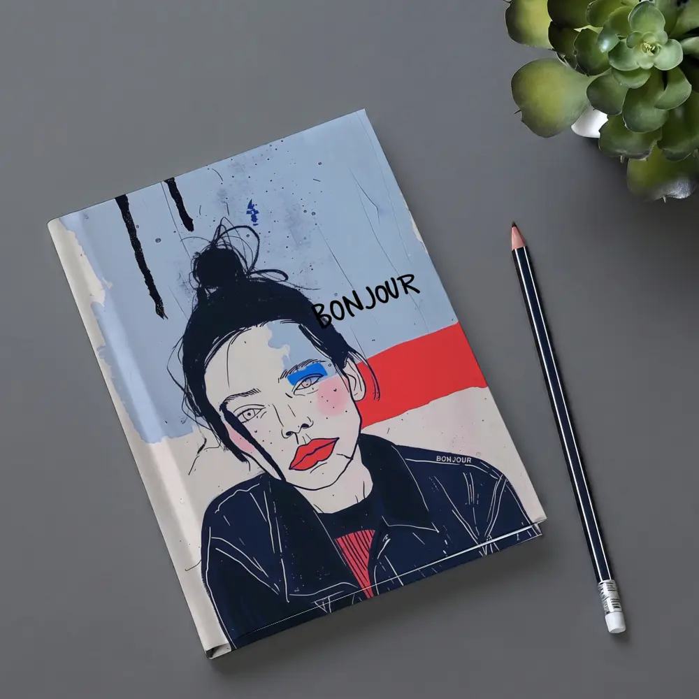 Bonjour French Girl Portrait Blue Red – Notebooks