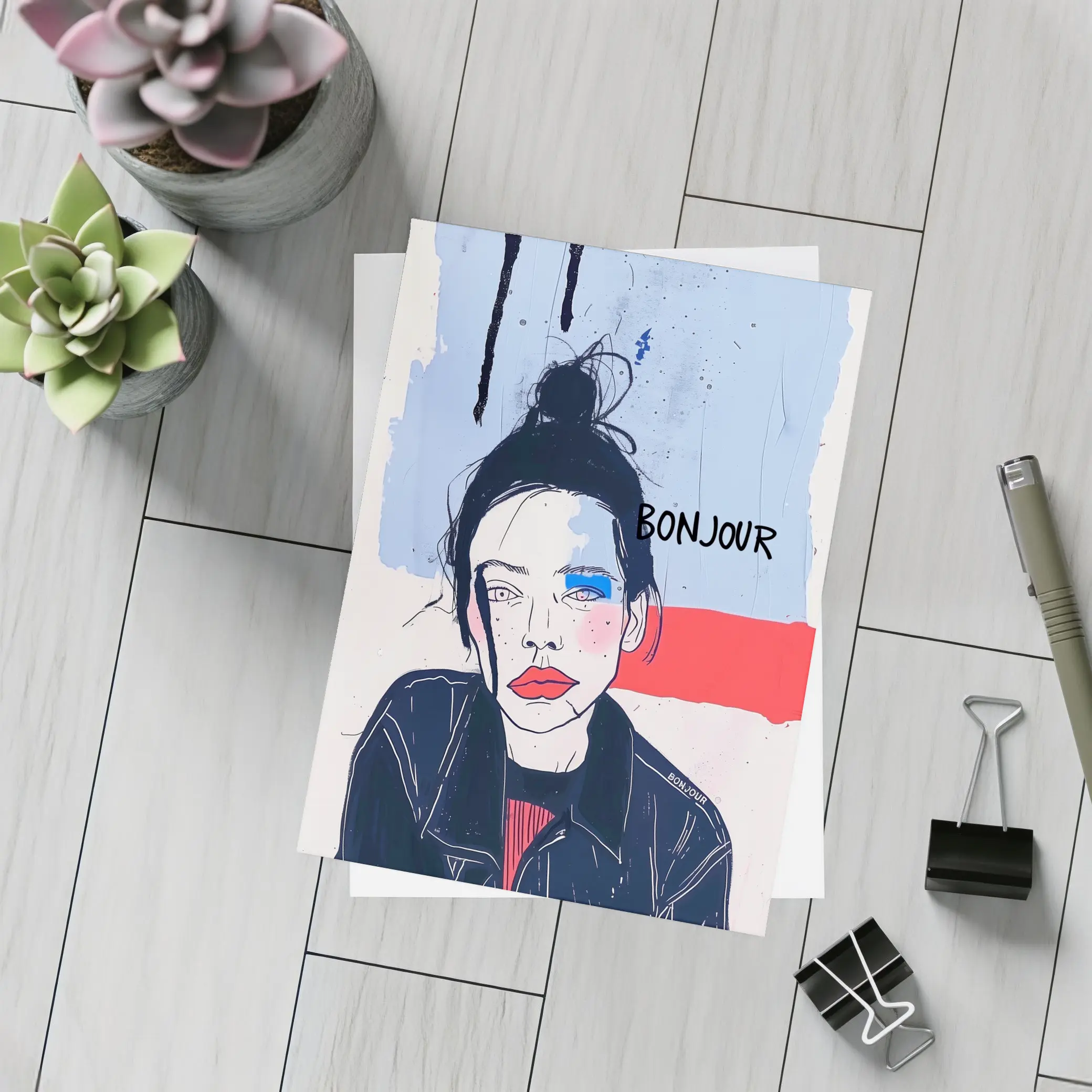 Bonjour French Girl Portrait Blue Red – Postcards