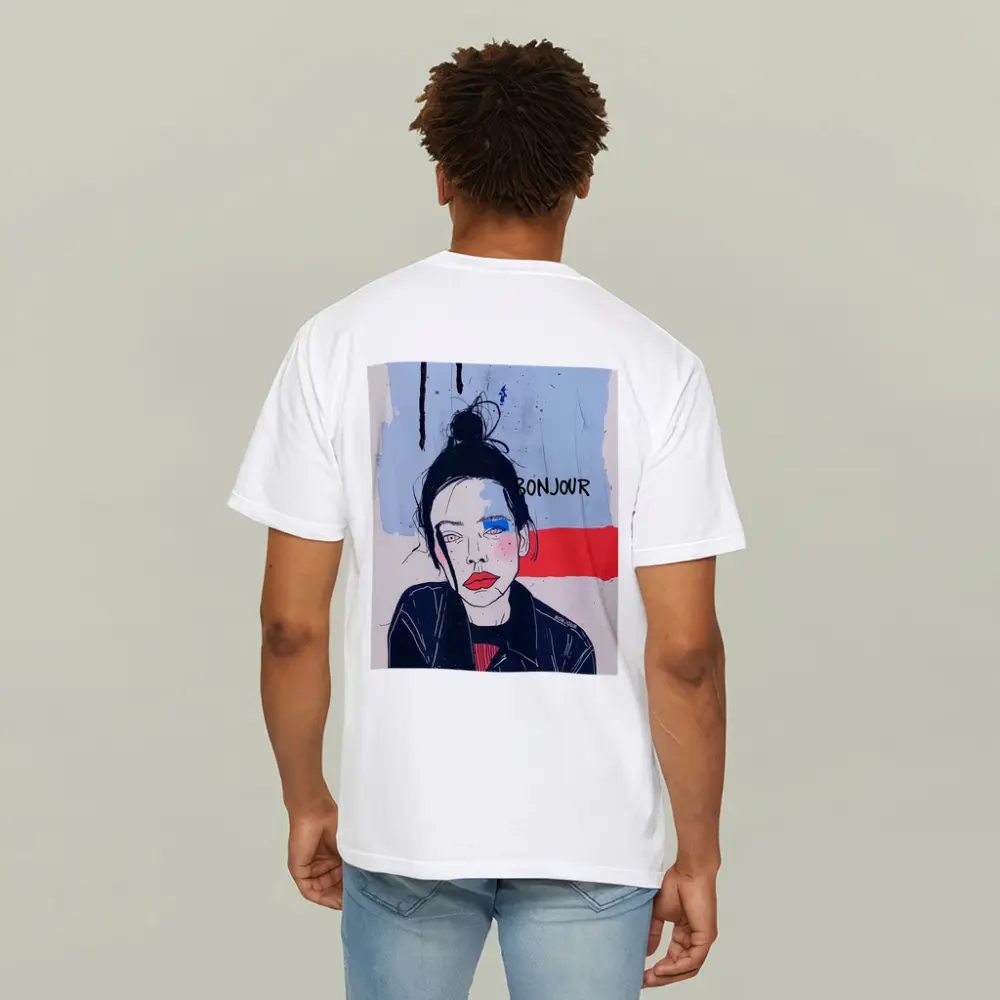 Bonjour French Girl Portrait Blue Red – T-Shirts