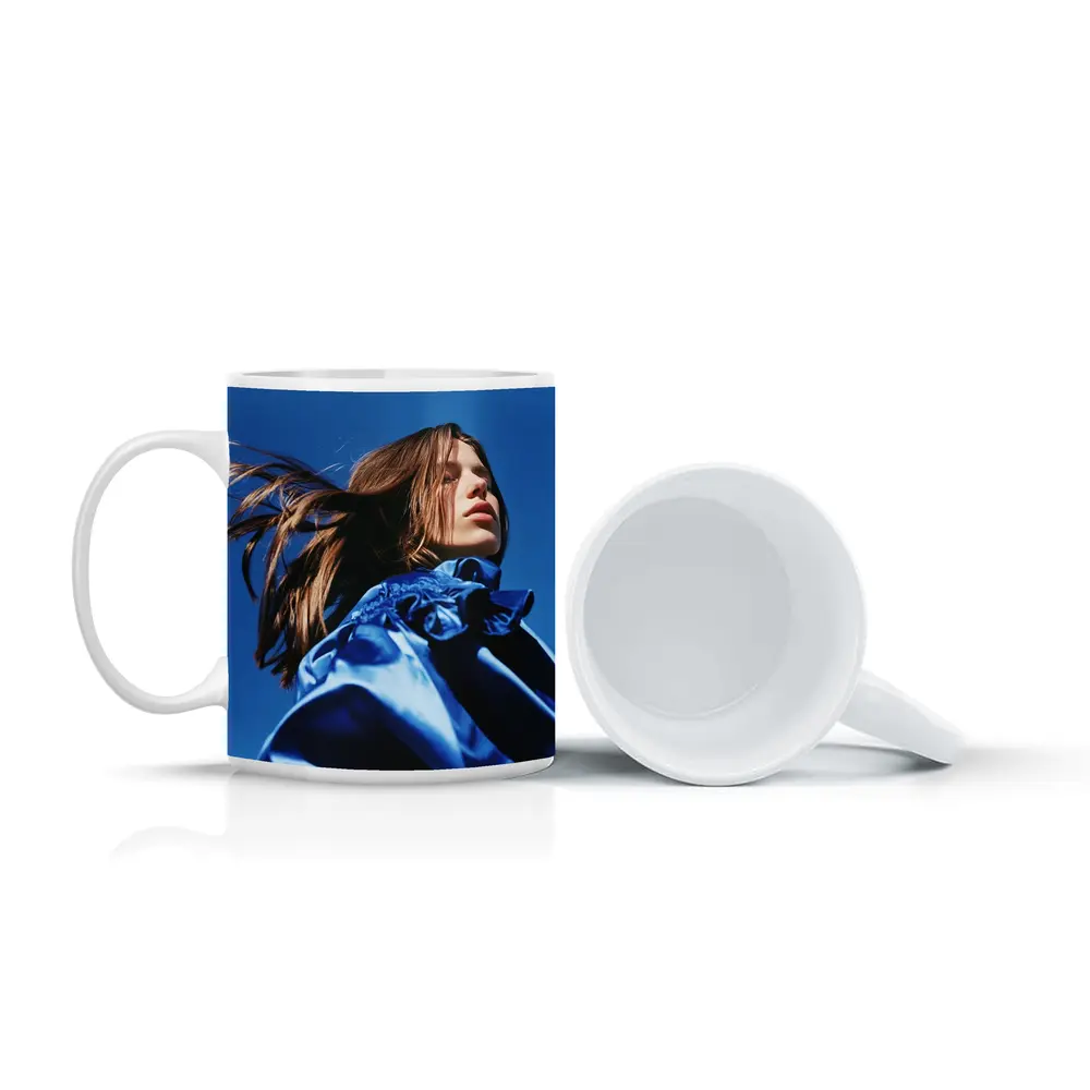 Young Woman Blue Outfit Clear Sky – Mugs