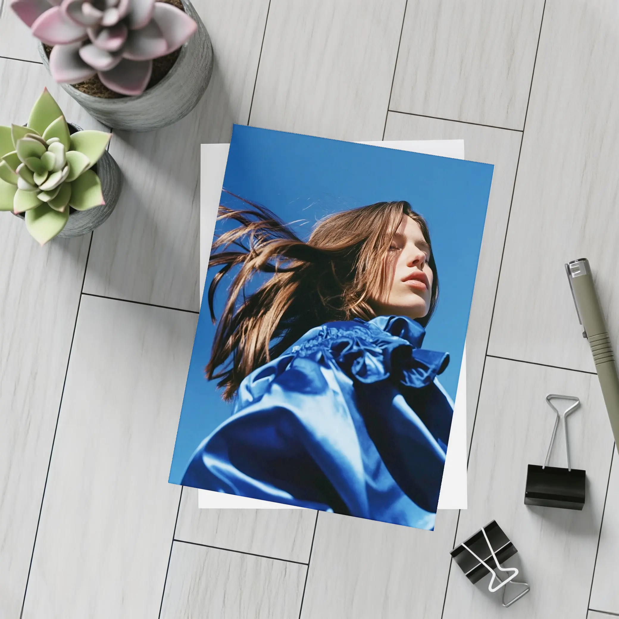 Young Woman Blue Outfit Clear Sky – Postcards