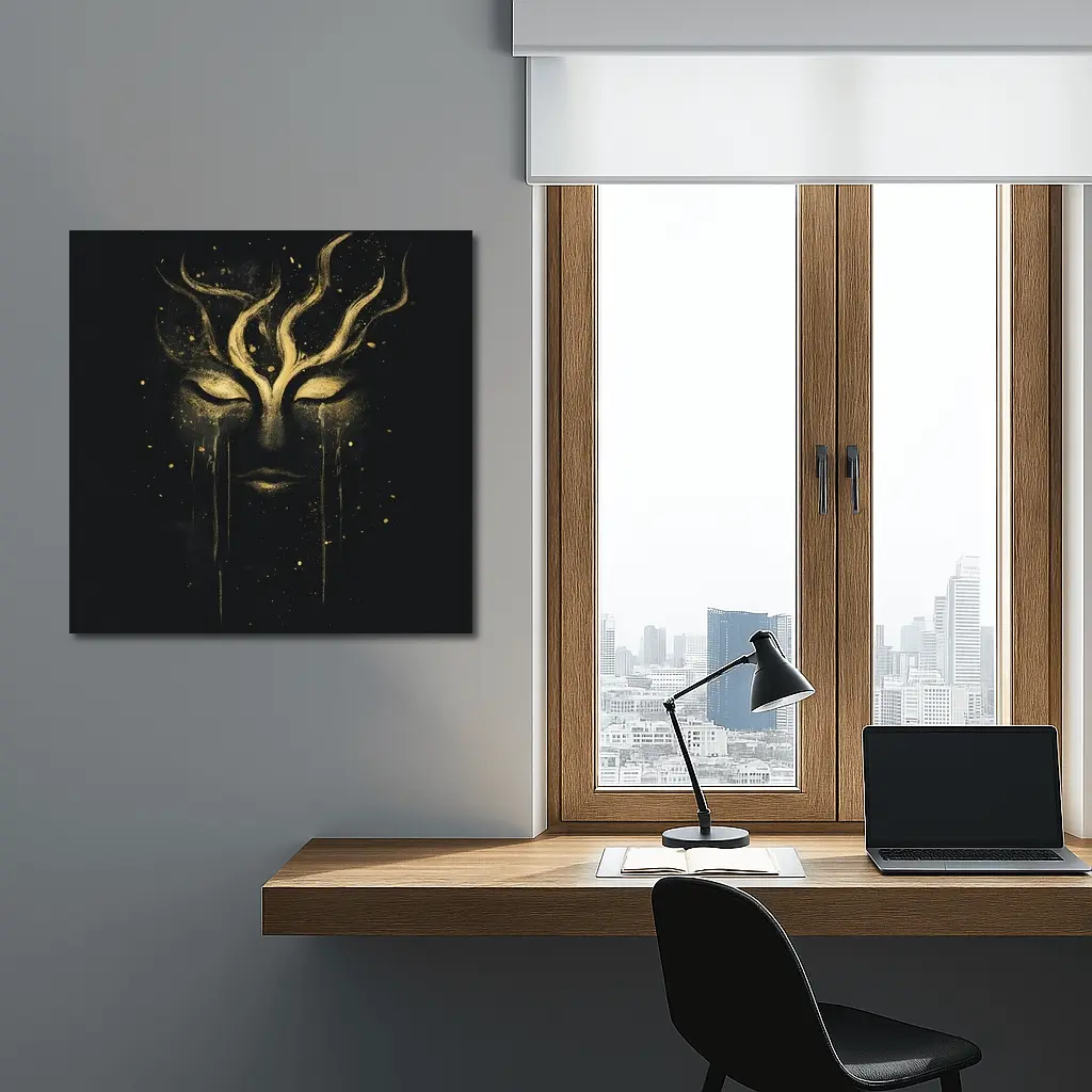 Gold Mystical Face Black Dark Background Art – Wall Art