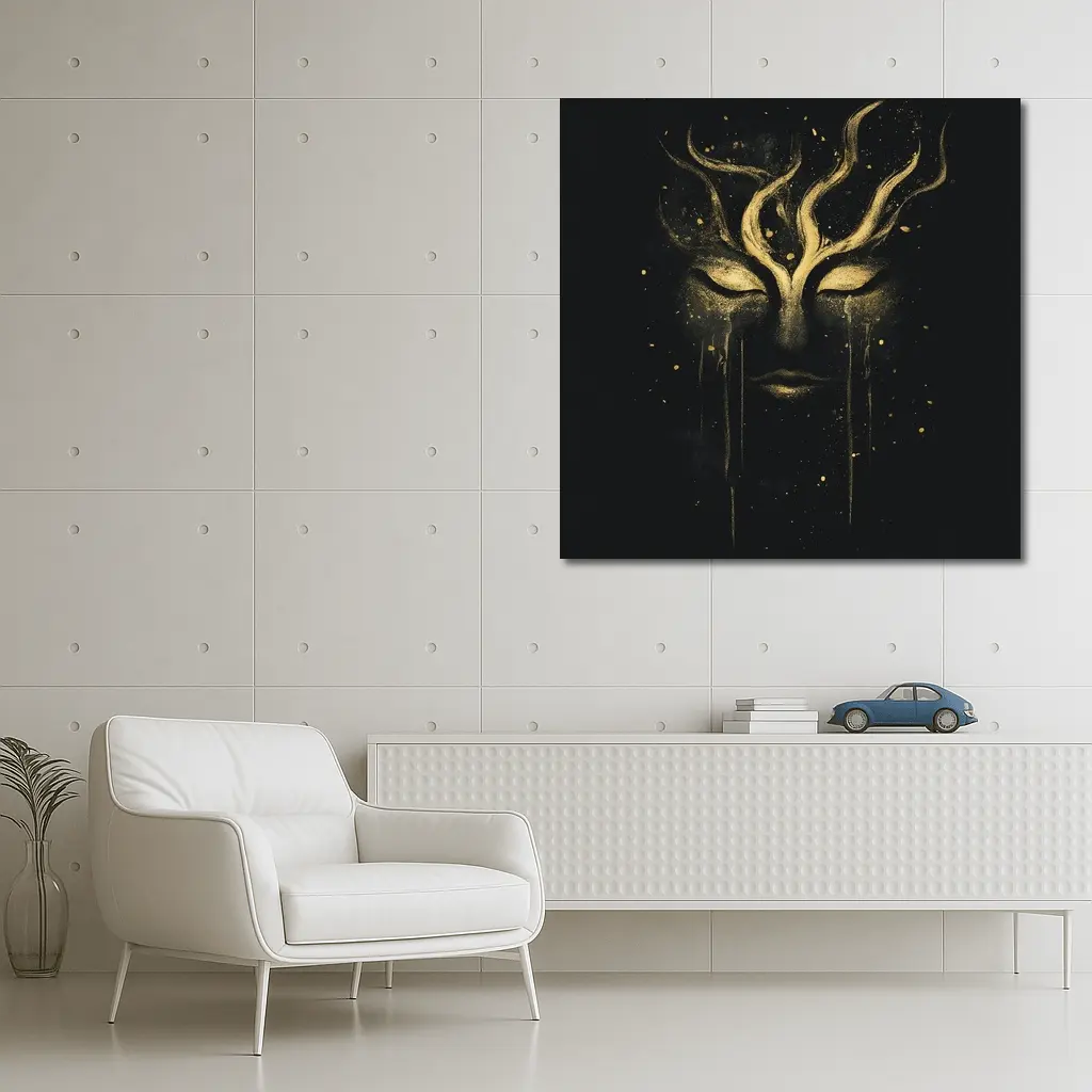 Gold Mystical Face Black Dark Background Art – Wall Art