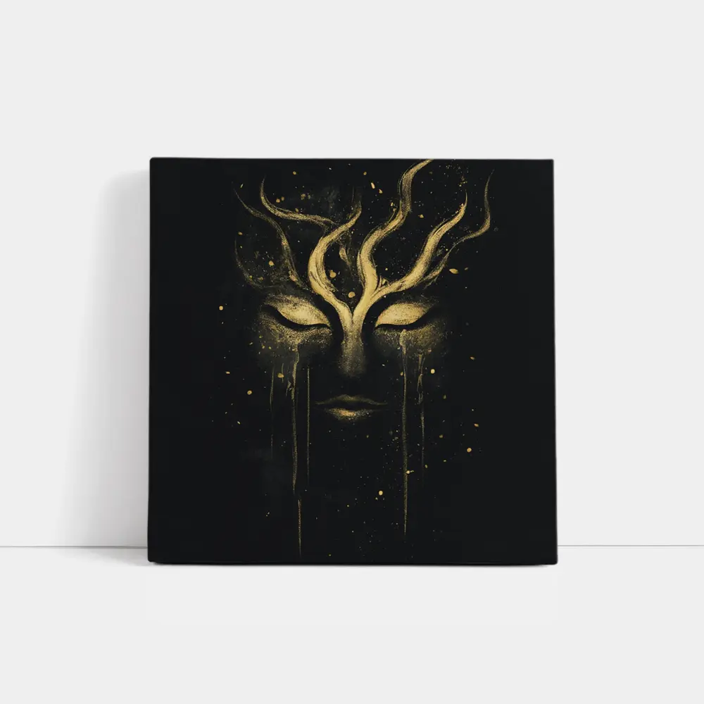 Gold Mystical Face Black Dark Background Art – Wall Art