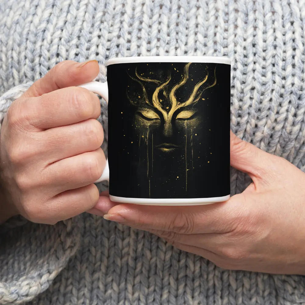Gold Mystical Face Black Dark Background Art – Mugs
