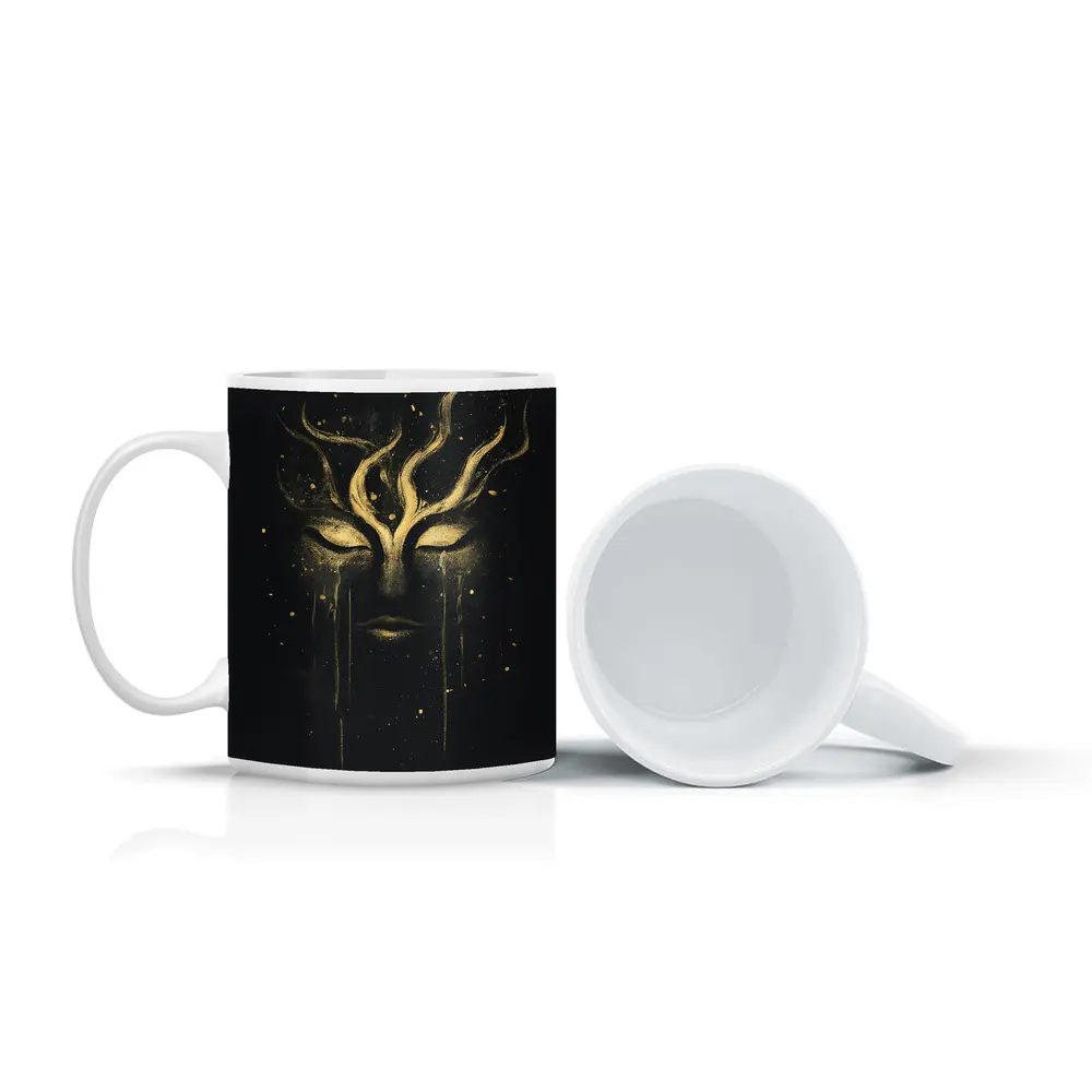 Gold Mystical Face Black Dark Background Art – Mugs