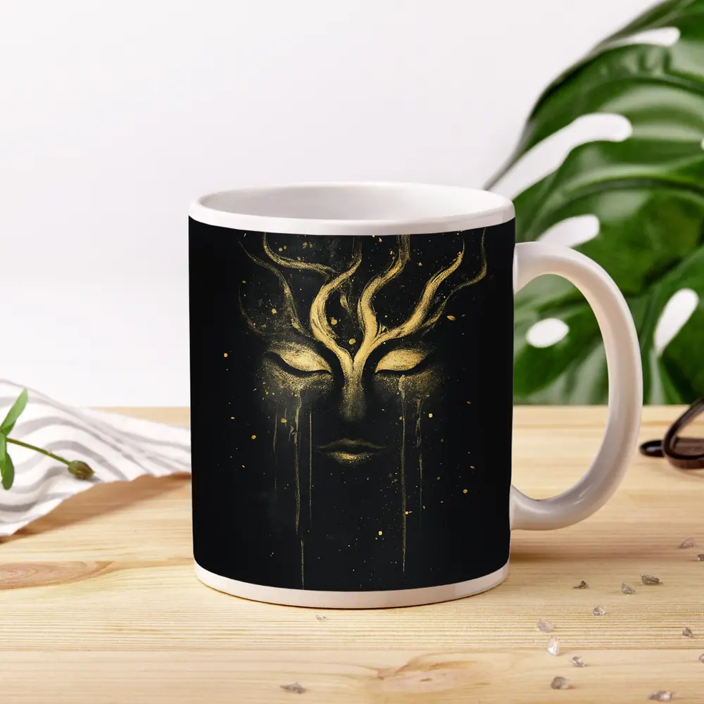 Gold Mystical Face Black Dark Background Art – Mugs