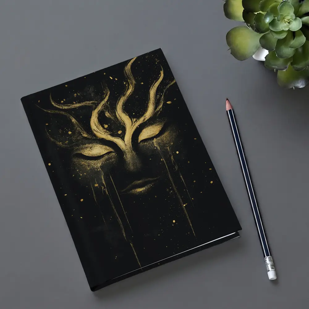 Gold Mystical Face Black Dark Background Art – Notebooks
