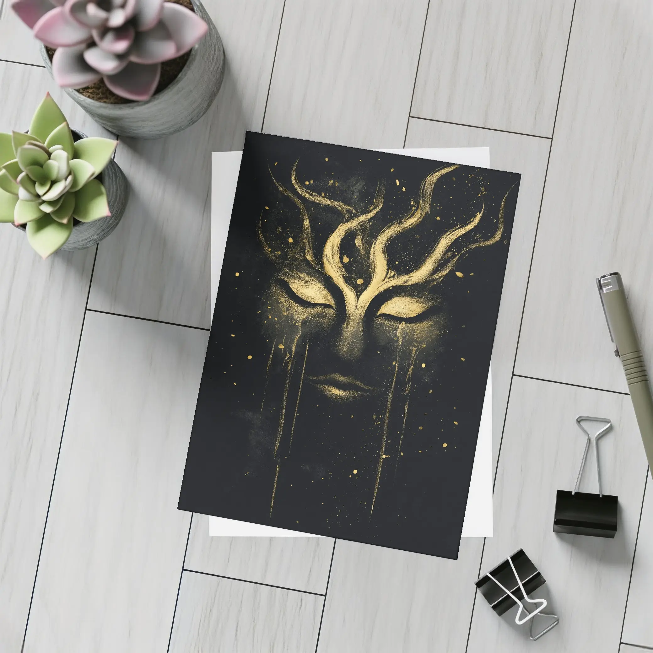 Gold Mystical Face Black Dark Background Art – Postcards
