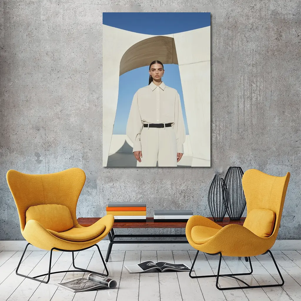 Woman Cream Outfit Minimalist Architectural Setting – Wall Art